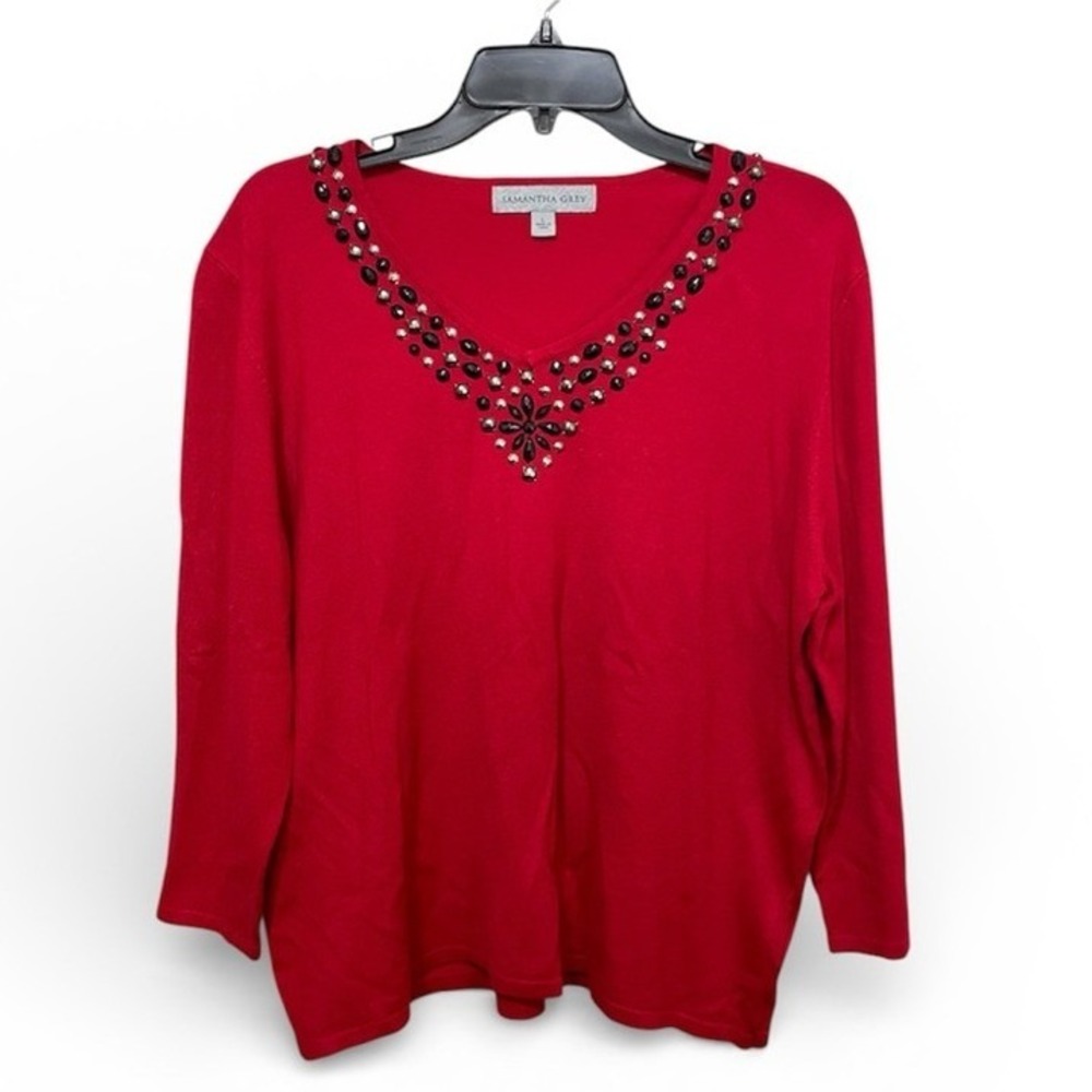 Samantha Grey Chic Red Embellished V-Neck Blouse Size‎ Large